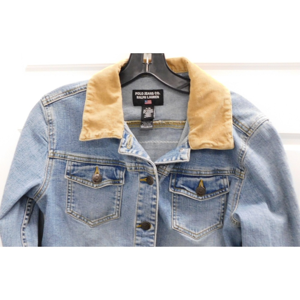 Vintage Polo Jeans Co Ralph Lauren Denim Jacket USA Flag Corduroy Collar sz L - Picture 2 of 6